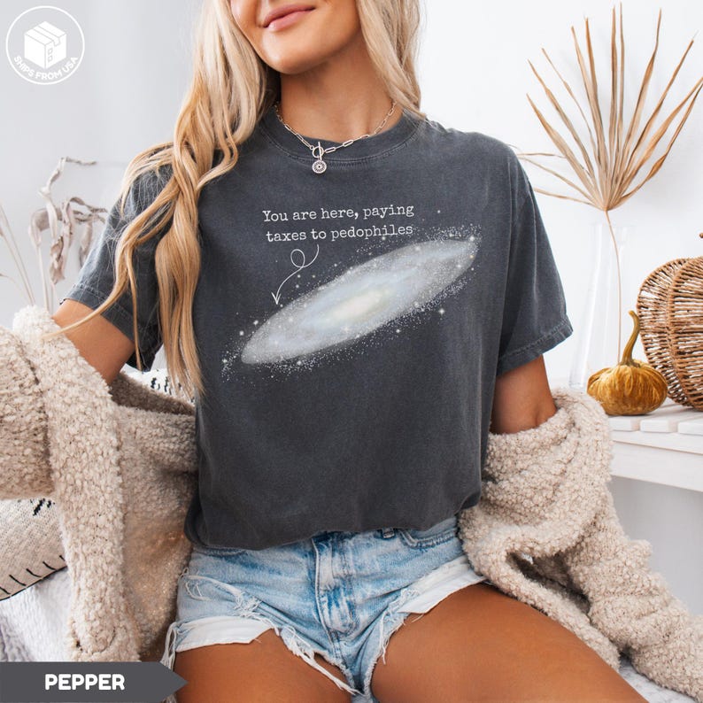 Puede incluir: Camiseta gris oscuro con el texto "You are here, paying taxes to pedophiles" sobre un gr&aacute;fico de galaxia. La camiseta tiene un corte holgado y un lavado vintage.