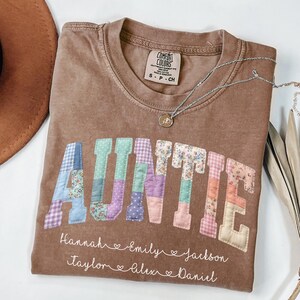 Personalized Auntie Faux Patchwork Shirt Comfort Colors Grandma Shirt With Names, Custom Mimi Tee, Gift For Gigi, Nana, Mothers Day Gift