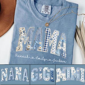 Mama Blue Toile Faux Patchwork Floral Easter, Mimi Gigi Nana Chinoiserie Shabby Chic, Mother Days Gift Cottagecore Varsity, Blue White Quilt