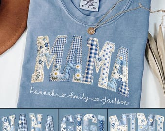 Mama Blue Toile Faux Patchwork Floral Easter, Mimi Gigi Nana Chinoiserie Shabby Chic, Mother Days Gift Cottagecore Varsity, Blue White Quilt