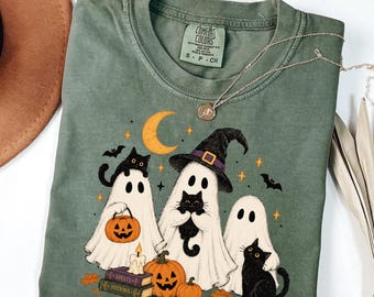 Retro Cottagecore Ghost Black Cat Comfort Colors Shirt, Funny Halloween Whimsical Tee, Cottagecore Black Cat Shirt