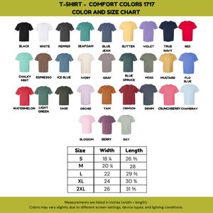 May include: Color and size chart for T-shirts. The chart displays various colors, including black, white, and red. Size chart shows width and length in inches: S (18 1/4 x 26 3/8), M (20 1/4 x 28), L (22 x 29 3/8), XL (24 x 30 3/4), and 2XL (26 x 31 3/8).