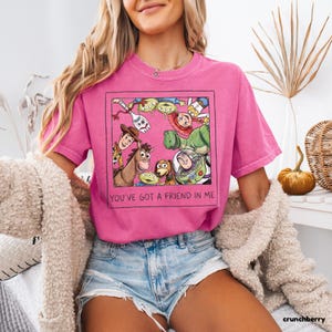 May include: A pink t-shirt featuring a framed graphic of characters from a popular animated movie. The graphic includes a cowboy, a space ranger, and other characters. The text "YOU'VE GOT A FRIEND IN ME" is printed below the graphic.