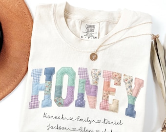Personalized Honey Comfort Colors Shirt With Kids Names, Blue Patchwork Honey Tee, Mother's Day Gift For Honey,Birthday Gift, Honey Gift