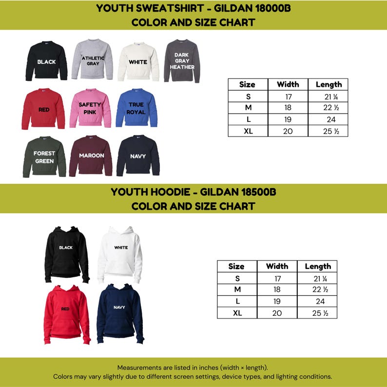 Może przedstawiać: Tabela kolor&oacute;w i rozmiar&oacute;w dla bluz i bluz z kapturem dla młodzieży. Bluzy dostępne są w kolorach czarnym, szarym sportowym, białym, ciemnoszarym melanżowym, czerwonym, r&oacute;żowym, kr&oacute;lewskim niebieskim, leśnym zielonym, bordowym i granatowym. Bluzy z kapturem są w kolorze czarnym, białym, czerwonym i granatowym. Wymiary podane w calach.