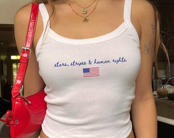 Stars Stripes and Human Rights 4th of July Tank Top, Liberal Fourth of July Women Shirt, Activist Bella Canvas Spaghetti Strap Tank Top