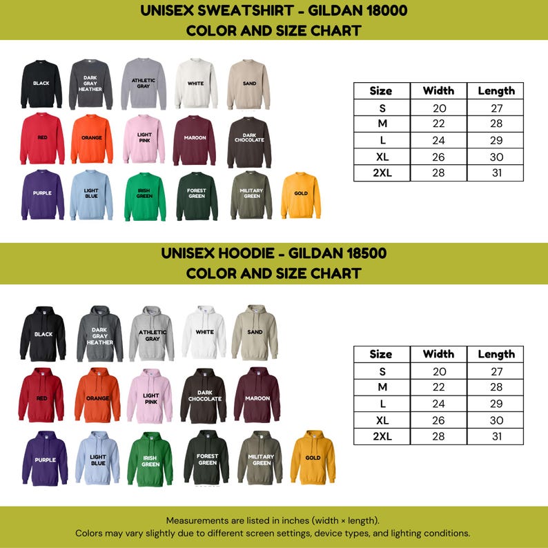 Może przedstawiać: Tabela kolor&oacute;w i rozmiar&oacute;w dla bluz i bluz z kapturem unisex. Bluzy to Gildan 18000, a bluzy z kapturem to Gildan 18500. Tabela przedstawia r&oacute;żne kolory, z wymiarami w cm.
