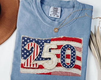 Comfort Colors® Faux Patchwork American Flag Shirt, Vintage Faux Quilted USA Graphic Tee, 250th Years Patriotic Fourth Of July Sweatshirt