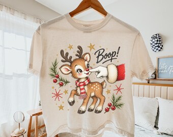 Trendy Christmas Boop Comfort Colors Boxy Shirt, Reindeer Santa Boop Cropped Tee, Retro Christmas TShirt