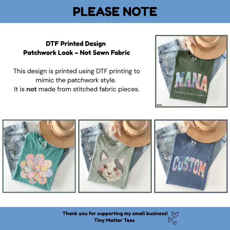 May include: A display of t-shirts with printed designs, including the words "NANA" and "CUSTOM". The shirts are folded with jeans and a straw hat. The text on the image states the designs are DTF printed to mimic a patchwork style.