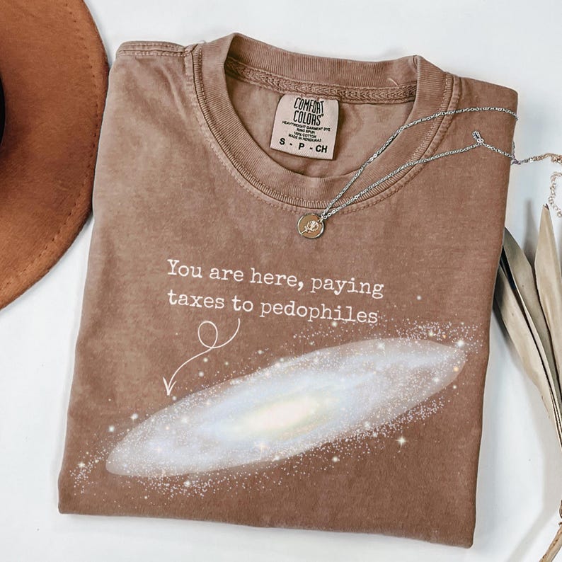 Puede incluir: Camiseta Comfort Colors marr&oacute;n con el texto "You are here, paying taxes to pedophiles" y un gr&aacute;fico de galaxia. Un collar plateado con un colgante est&aacute; sobre la camiseta. La camiseta es talla S-P-CH.