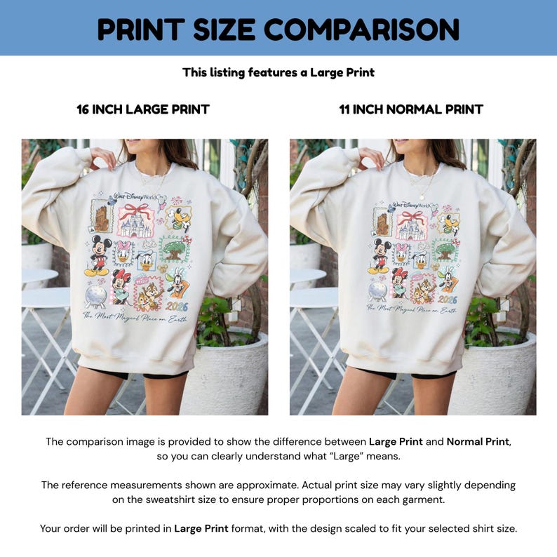 Puede incluir: Imagen comparativa de dos sudaderas con un estampado gr&aacute;fico tem&aacute;tico de Disney. La sudadera izquierda tiene una impresi&oacute;n grande de 40.6 cm, mientras que la derecha tiene una impresi&oacute;n normal de 27.9 cm. El dise&ntilde;o incluye varios personajes de Disney y el texto.