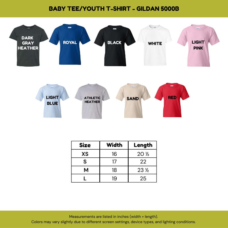 以下が含まれることがあります： ベビー＆ユースTシャツの画像。ダークグレー、ロイヤルブルー、ブラック、ホワイト、ライトピンクなど、さまざまな色があります。サイズ表にはインチ単位の寸法が記載されており、XSサイズの幅は16インチ（40.6 cm）です。