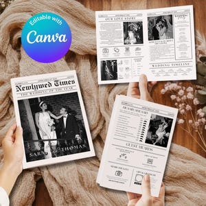 May include: A set of three printed wedding newspaper programs featuring black and white photographs of a couple, titled Newlywed Times, with sections for love stories, wedding timelines, guest awards, and fun facts, designed for customization in Canva.