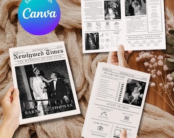 Modello di programma di matrimonio vintage in stile giornale, programma di matrimonio pieghevole in stile giornale "Newlywed Times", programma della cerimonia in stile infografica.