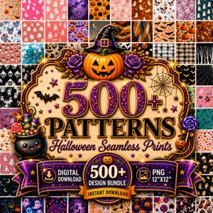 Halloween Seamless Pattern Bundle 500+, Spooky Pumpkin Ghost Digital Paper, Printable Repeat Pattern, Fall Scrapbook Background Pack