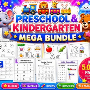 May include: A digital educational bundle titled Preschool & Kindergarten Mega Bundle featuring colorful cartoon animals, a train, and various printable worksheets for tracing letters, numbers, and letter recognition, totaling over 5,000 pages.