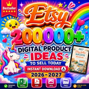 May include: A digital product advertisement featuring a cartoon unicorn, a smiling sun, and a rainbow. The text reads: Etsy 200,000+ DIGITAL PRODUCT IDEAS TO SELL TODAY INSTANT DOWNLOAD 2026-2027. Includes a 2027 Etsy Seller Success Workbook tablet image.