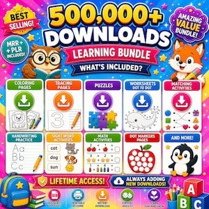 May include: A digital learning bundle advertisement featuring 500,000+ downloads, MRR and PLR included, and lifetime access. The graphic displays categories like coloring pages, tracing, puzzles, worksheets, and math activities with animal illustrations.