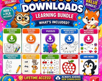 May include: A digital learning bundle advertisement featuring 500,000+ downloads, MRR and PLR included, and lifetime access. The graphic displays categories like coloring pages, tracing, puzzles, worksheets, and math activities with animal illustrations.