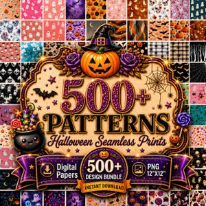 Op de afbeelding: Een digitale collectie van 500+ naadloze Halloween-patronen met een centrale pompoen met heksenhoed, een zwarte ketel en paarse rozen. De afbeelding bevat de tekst 500+ PATTERNS Halloween Seamless Prints.
