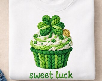 Sweet Luck St Patricks Day, Faux Yarn Cupcake PNG, Irish Holiday, Digital Download Art