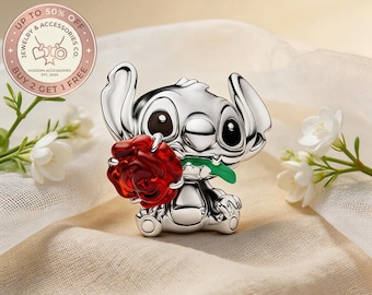 Disney Stitch Rose Murano-glasberlock, berlocker till armband, silverberlock, halsbandshänge, present till henne, resehänge, mors dag