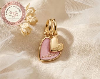 Rosa delbar mor-dotter-berlock, berlocker till armband, silverberlock, halsbandshänge, present till henne, resehänge, mors dag-present