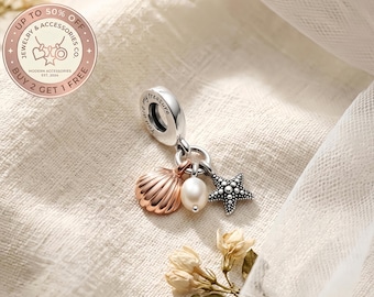 Pearl Starfish & Shell Triple  Charm,Charms for bracelet,Silver Charm, Necklace Pendant, Gift for Her, Travel Pendant, Mother's Day gift