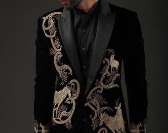 Chaqueta bordada en hilo negro y dorado para hombre. Chaqueta de esmoquin de boda para hombre, traje de boda para hombre.