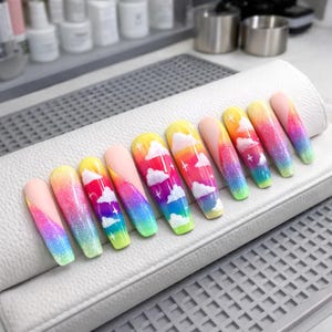May include: A set of ten long, artificial nails with a colorful design. Each nail features a gradient of rainbow colors, white cloud accents, and glitter. The nails are arranged on a white surface, showcasing a vibrant and artistic nail art design.