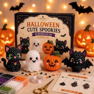 May include: A Halloween Cute Spookies 3D beaded DIY kit box set with four finished beaded figures: a black cat, a white ghost, an orange pumpkin, and a black bat. Includes a clear plastic bead organizer, a spool of clear string, and instructions.