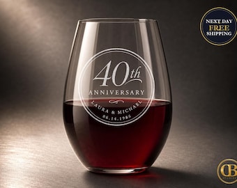 Anniversary Wine Glass, Personalized Stemless 15oz Engraved, Custom Names Year Gift, Couples Husband Wife