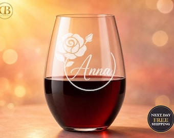 Birth Flower Glass, Personalized Name Wine Glass, Floral Stemless Custom Birthday Gift Sister Mom