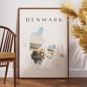 Op de afbeelding: Een verticale wandkunstprint met een kaart van Denemarken en een landschapsillustratie binnen de contouren. De tekst luidt DENMARK, LAND OF COAST, LIGHT & COZINESS, COPENHAGEN, inclusief een ankerpictogram en een cirkelvormig stempelontwerp.