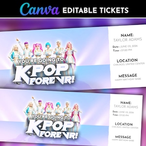 Puede incluir: Dos entradas para un concierto de K-Pop con un grupo de artistas animados. Las entradas tienen el texto "Canva EDITABLE TICKETS" en la parte superior. Las entradas también tienen el texto "YOU'RE GOING TO: KPOP FOREVR!" y el nombre, la fecha, la hora, el lugar y el mensaje.