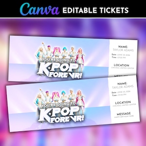 Puede incluir: Dos entradas de concierto de K-Pop editables con un grupo de artistas estilizados. Las entradas presentan el texto "YOU'RE GOING TO: KPOP FOREVR!" e incluyen detalles como el nombre "TAYLOR ADAMS", la fecha, la hora y el lugar.