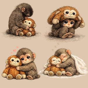 Puede incluir: Cuatro ilustraciones de adorables monos de estilo caricatura en varias poses. Un mono abraza a otro, uno se esconde debajo de un disfraz de mono, uno abraza a otro con corazones y uno duerme con otro debajo de una manta. Los monos son marrones y naranjas.
