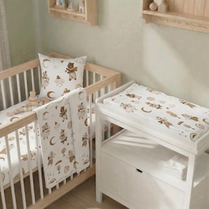 Celestial Teddy Bear Nursery Bedding Set, Moon and Stars Baby Bedding, Neutral Crib Sheets, Changing Pad Cover, Boho Forest Animal Nursery