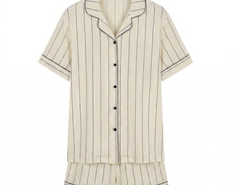 Classic Pinstripe Short Pajama Set, Aesthetic Cream Black Striped Sleepwear, Matching Pajama Gift Set, Soft Short Sleeve Nightwear