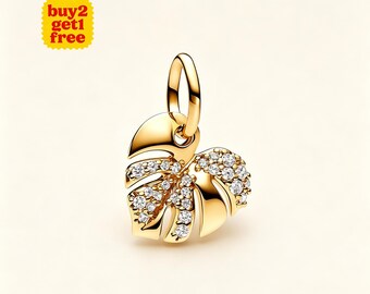 Breloque feuille de Monstera scintillante pour bracelet ou collier en argent, pendentif de collier, Noël fait main, cadeau pour elle, breloque Pandora