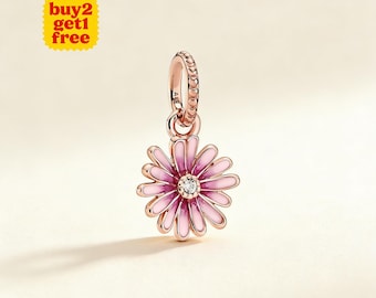 Charm marguerite rose pour bracelet ou collier en argent, pendentif de collier, Noël fait main, cadeau pour elle, breloque Pandora