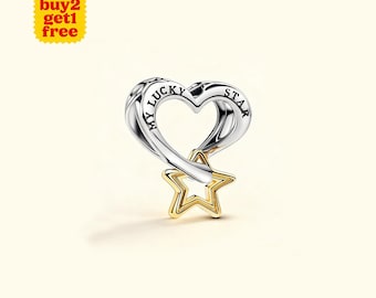 Étoile porte-bonheur et breloque coeur pour bracelet ou collier en argent, collier pendentif, Noël fait main, cadeau pour elle, breloque Pandora