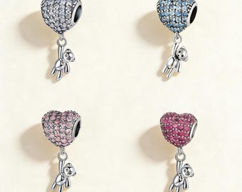 Lindo osito con globos, dije para pulsera o collar, plata, colgante para collar, hecho a mano en Navidad, regalo para ella, dije Pandora.
