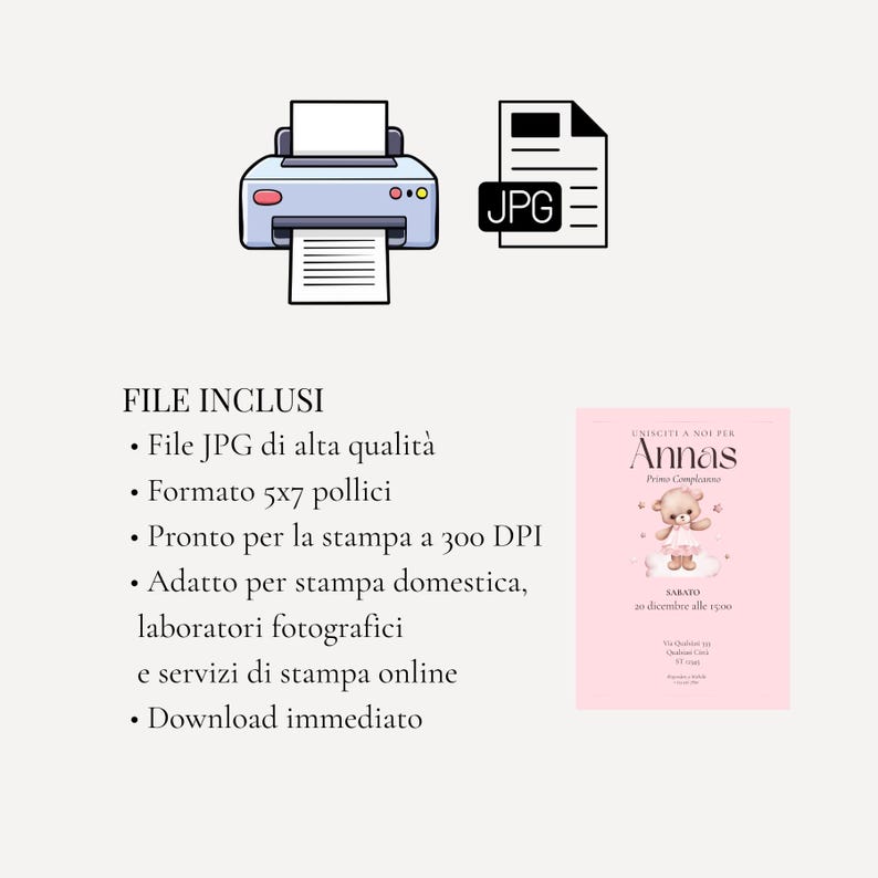 Puede incluir: Un gr&aacute;fico de descarga digital con una impresora, un icono de archivo JPG y una invitaci&oacute;n rosa. La invitaci&oacute;n incluye el nombre "Annas" y una ilustraci&oacute;n de oso de peluche. El texto de la imagen incluye "Archivo incluido" y "5x7 pulgadas".
