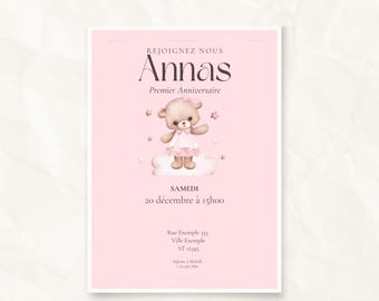 Invitación de aniversario para niños imprimible y modificable aniversario niña modelo Canva