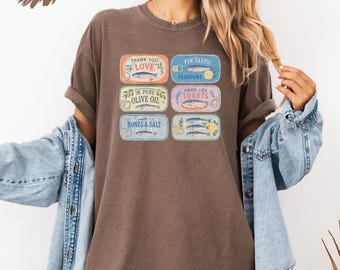 Vintage Sardine Tin Comfort Colors Shirt, Coastal Seafood Graphic Tee, Retro Fish Lover Shirt, Mediterranean Summer Tee
