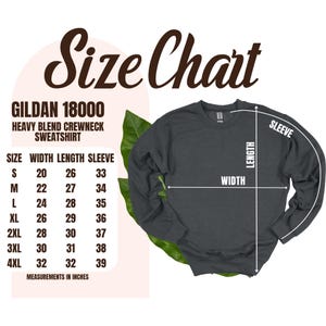 The image is a size chart for a GILDA 1800 Heavy Blend Crew neck Sweatshirt. The chart provides measurements in inches for different sizes, including S, M, L, XL, 2XL, 3XL, and 4XL.