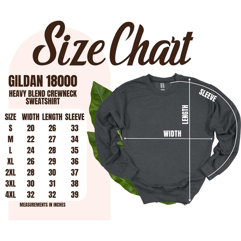 The image is a size chart for a GILDA 1800 Heavy Blend Crew neck Sweatshirt. The chart provides measurements in inches for different sizes, including S, M, L, XL, 2XL, 3XL, and 4XL.