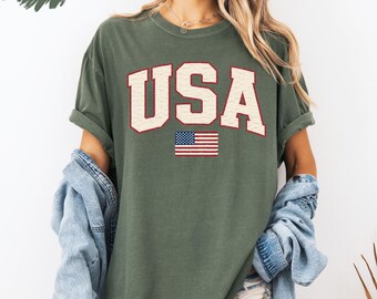 USA Vintage Varsity Shirt, Patriotic USA Graphic Tee, Retro America Shirt, Fourth of July Tshirt, Distressed USA Lettering Tee
